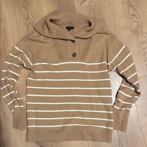 Talbots Striped Shawl Collar Sweater in Camel and White